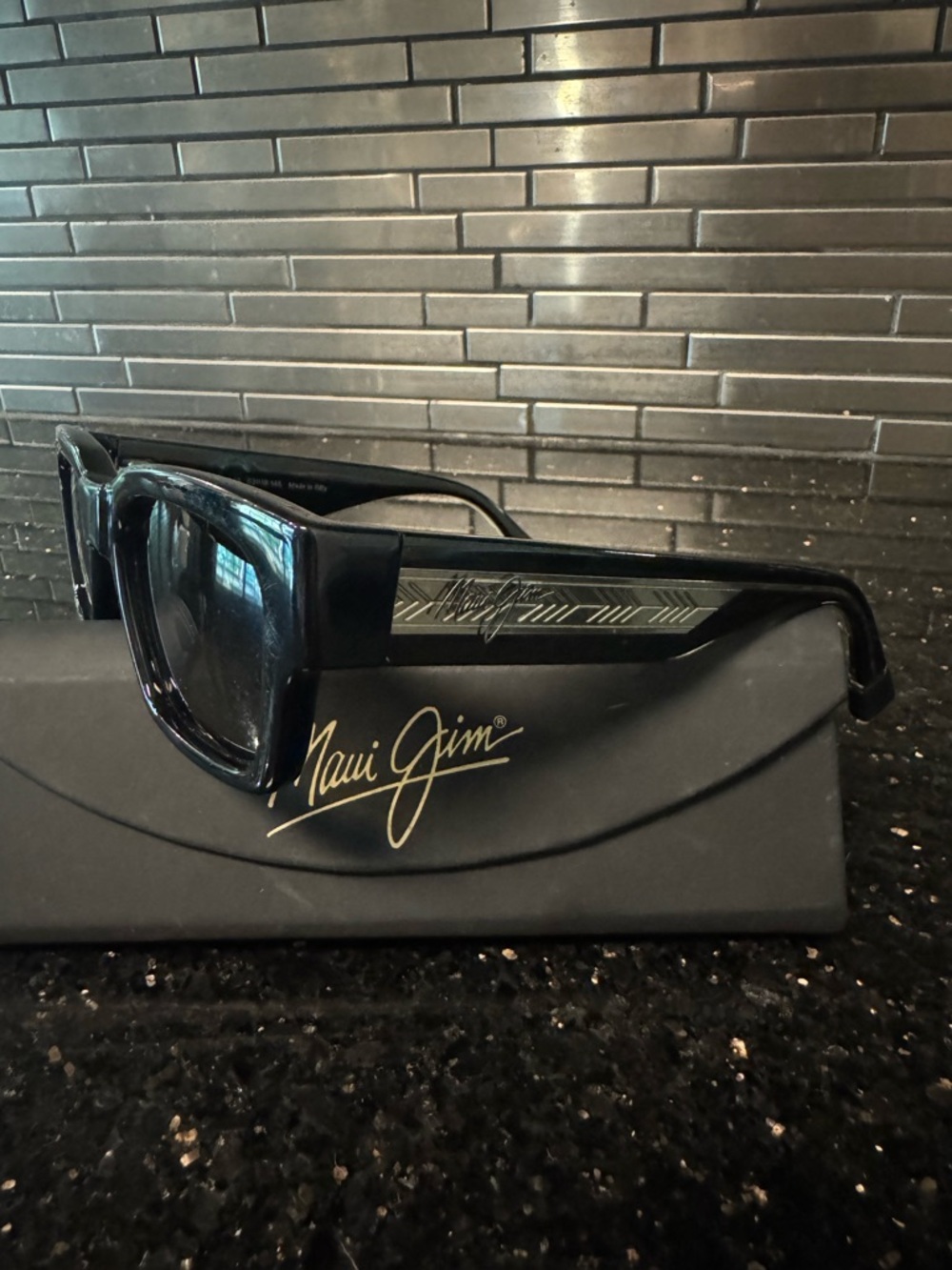Maui Jim Glossy Black Rectangular Sunglasses with Silver Temple Accent